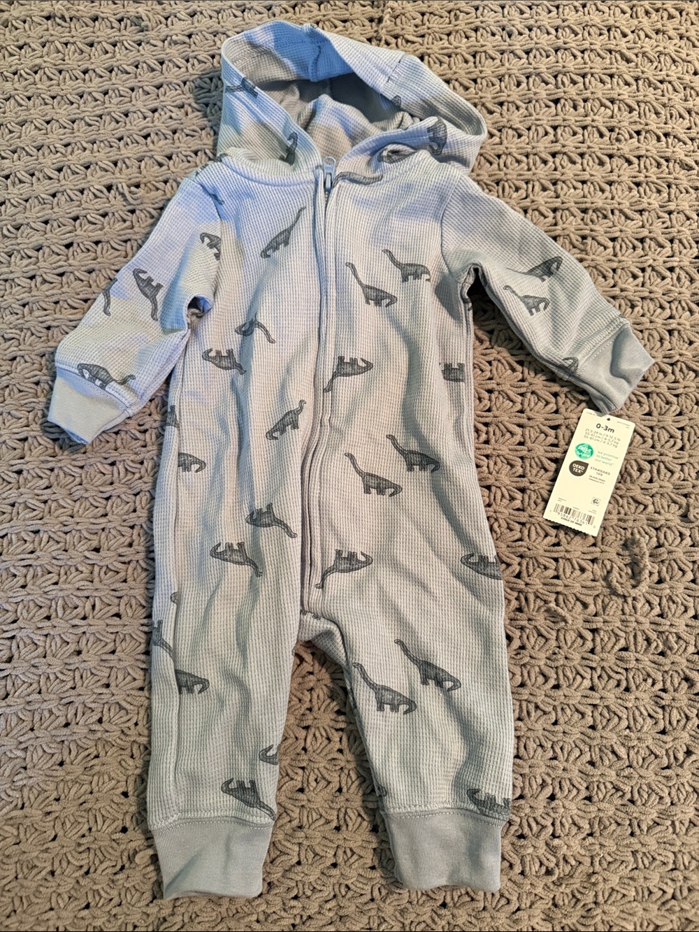 Baby Hooded One-Piece Romper in Light Blue with Dinosaur Print